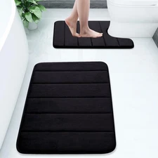 Bathroom Mat Set 2 Piece Memory Foam Bath U Shaped Toilet Rug Black 24x16