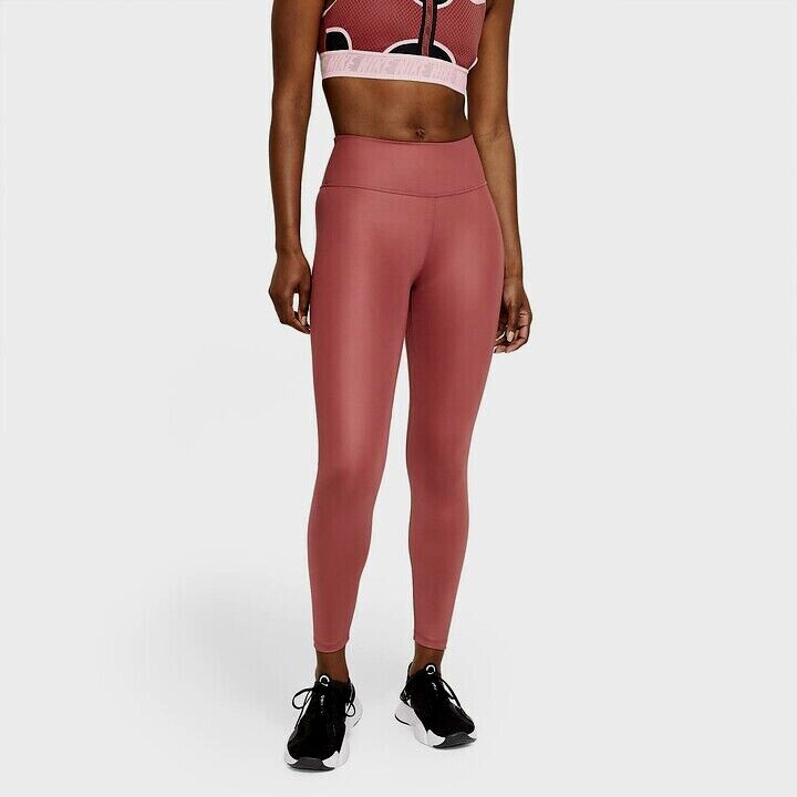 Nike One Women Canyon Rust/Pink Faux-Leather Mid R 7/8 Leggings