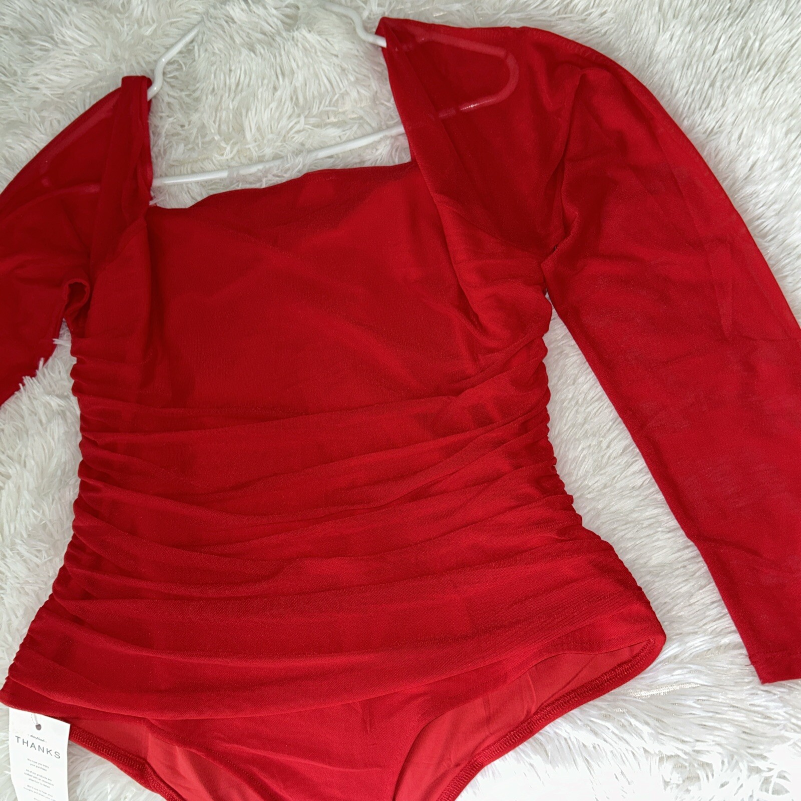 PINKMSTYLE Bodysuit Red Size {2XL} Square Neck /Mesh Long Sleeve-image