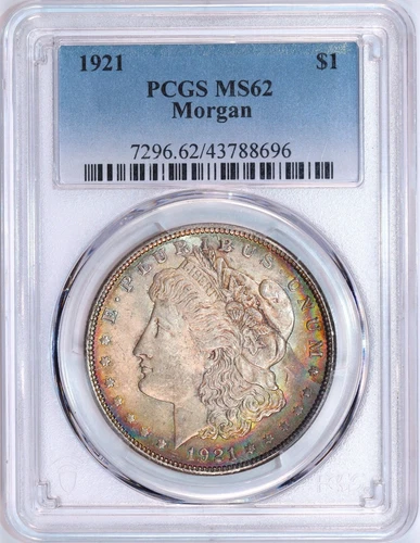 1921 Morgan Silver Dollar | PCGS MS62 | Rainbow Toning on a 1921