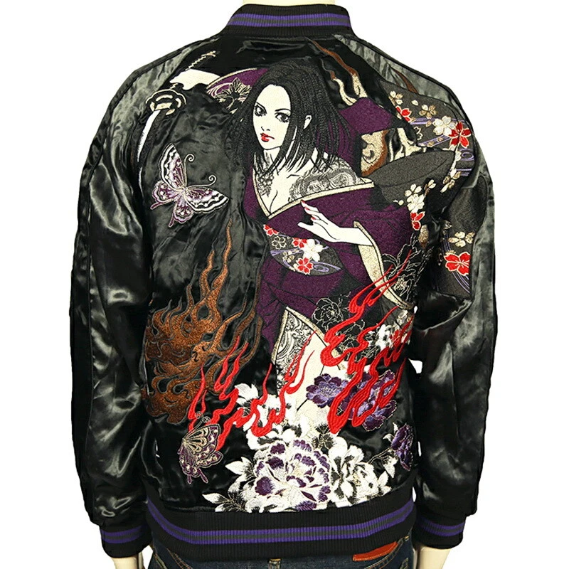 Mens Sukajan Reversible Souvenir Jacket Japanese Pattern Embroidery Sword Beauty