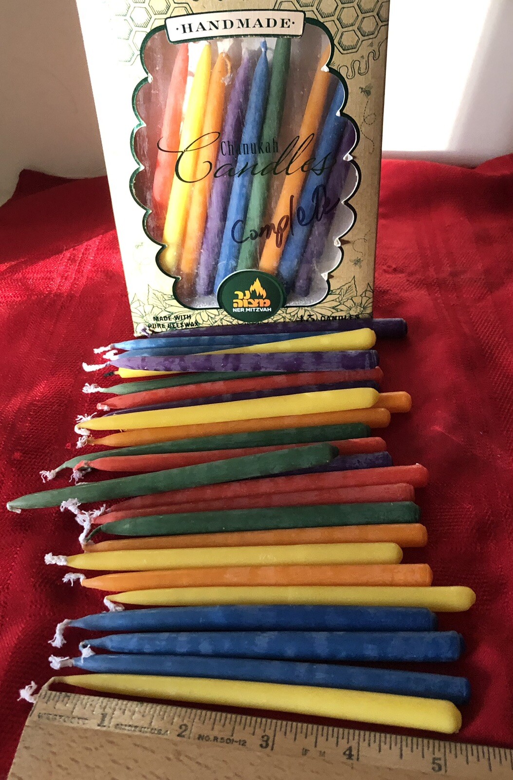 36 HANDMADE MULTI COLORED CHANUKA 5&rdquo; PURE BEESWAX TAPER CANDLES OPEN BOX