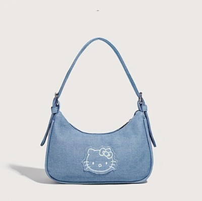 Hello Kitty Denim Shoulder Bag Trendy Y2K Purse Chic Casual Ladies