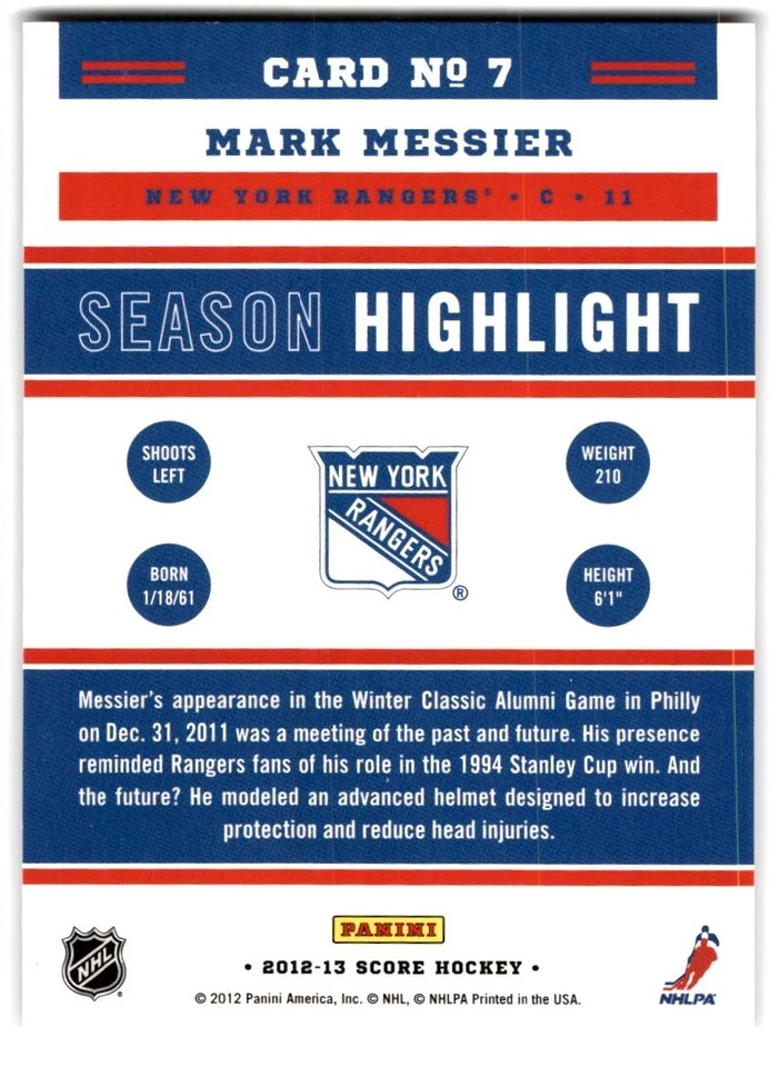 2012-13 Score Season Highlight Mark Messier #7 New York Rangers - Image 2 of 2