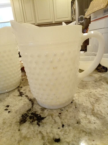 Vintage Anchor Hocking White Milk Glass Hobnail 8" Tall Water Pitcher