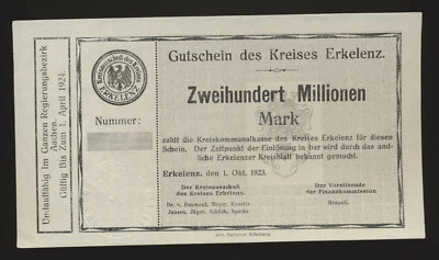 ERKELENZ 200 Millionen Mark 1.10.1923 Muster / Probe ohne Nummer ( 1051 K - Bild 1 von 2