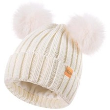 Women's Winter Warm Knit Beanie with Faux Fur Pom Skull Cap Cozy Fleece White
