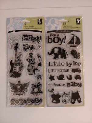 Inkadinkado Lot Of 2 Clear Stamp Sets NIP It's A Boy Rock And Roll Themes
