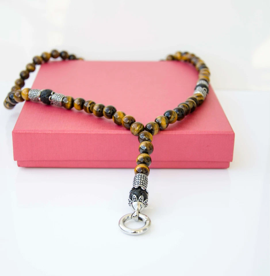 Herren Damen Tigeraugen Rosenkranz Halbedelstein Halskette Gebets Edelstahl Neu - Bild 2 von 4