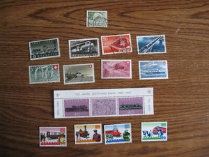 LOT OF SWITZERLAND RAILROAD STAMPS – TRAINS – 10 MNH / 5 CANCELLED