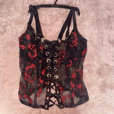 Honey Birdette Black/Red Floral Lace-Up Underwired Bustier 36E