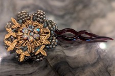 Antique Hair Pin, Gorgeous Small Pearls Rhinestones ,w Gold Accents, 4", 1910