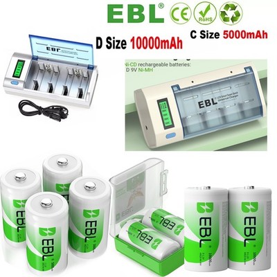 EBL C D Size Rechargeable Batteries C D Cell 1.2V 500Omah-1O000mAh/ Charger LOT