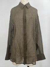 Ferragamo Women's Logo Chiffon Button-Down Olive Sheer Monogram Silk Blouse 42