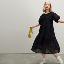 Everlane Tiered Eyelet Dress M Womens Black Keyhole Puff Sleeve Cottage Core