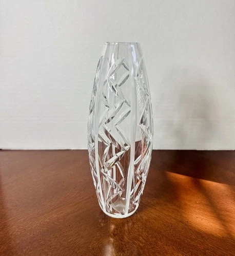 Vintage Waterford Crystal Vase Etched Zigzags & Vertical Lines Signed 9"