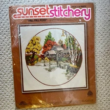 Sunset Stitchery Stamped Crewel Embroidery Kit Fall Mill Pond Fits 16"x16" Frame