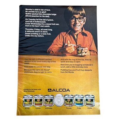 Del Monte Fruit Pudding Cup Alcoa Aluminum Cans Vintage Print Magazine Ad 1971