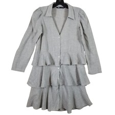 Zara Womens Gray Tiered Ruffle Mini Dress Long Sleeve Button Front Size Small