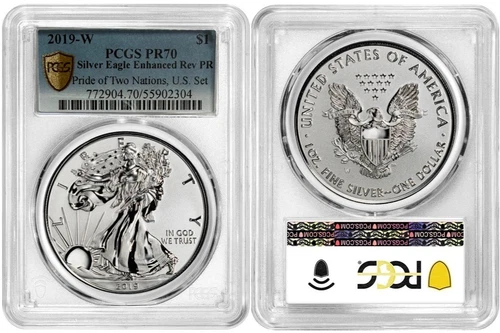 2019 W Silver Eagle $1 Enhanced Rev Pr Pride Two Nations PCGS PR70 Gold Shield