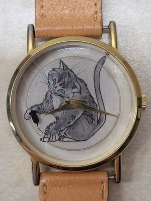 Vintage Grey Cat & Black Mouse Watch w/ Tan Genuine Leather Band Needs Battery