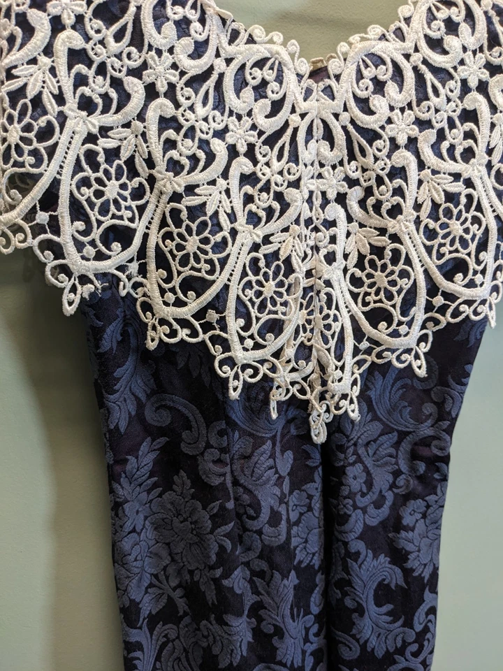 Vestido Gunne Sax Jessica McClintock Vintage Años 80 Hombro Descubierto ENCAJE Talla 3/4 Azul Marino  Foto 2 de 4