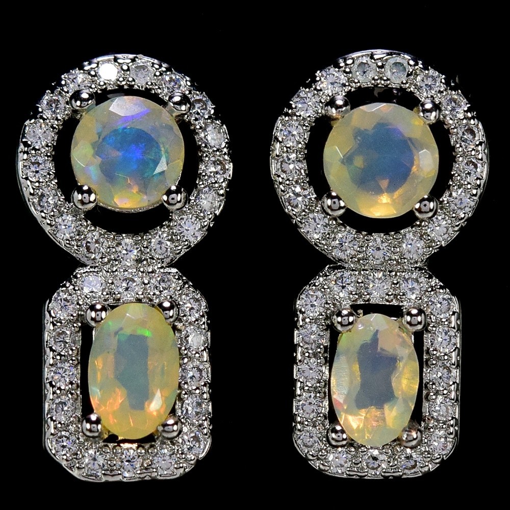Natural Aaa Rainbow Opal & White Cz Sterling 925 Silver Drop Earring