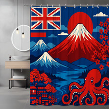 Japanese Art Shower Curtain, Mount Fuji, Sakura, Octopus, Flag Design