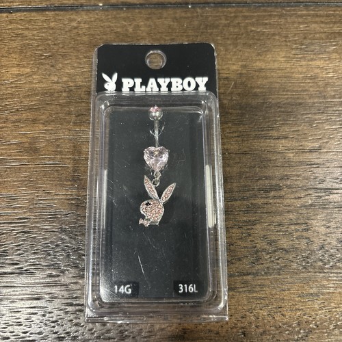 Playboy Bunny 14G 316L Belly Button Ring Dangle Pendant Faux Diamond Pink Heart