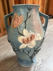 Roseville Pottery Magnolia 97-14 Blue 14” Double Handle Vase 1943 Art Pottery