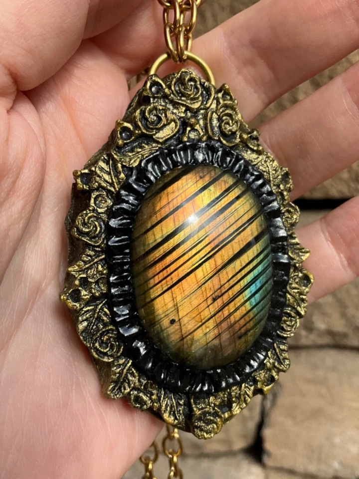 巨大拉长石吊坠项链手工手工 — 第 3/4 张图片