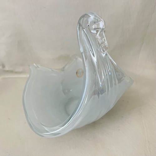 Murano Glass Swan Bowl Clear White Swirl Opalescent Made in Italy