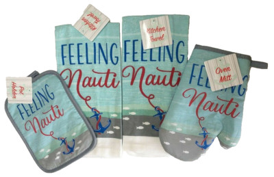 Feeling Nauti Kitchen Dish Towels Oven Mitt Pot Holder Set of 4 Beach Summer
