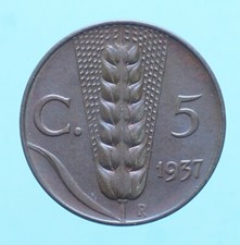 VITTORIO EMANUELE III 5 CENTESIMI 1937 SPIGA MONETE COLLEZIONE RAME COPPER COIN