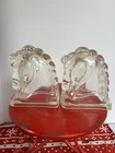 Vintage MCM Glass Bookends Horse Head Clear Federal Glasss Set Of Two 5.5” Tall