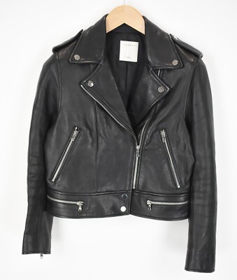 SANDRO Jacket Women's MEDIUM Lamb Leather Biker Full Zip Lined
