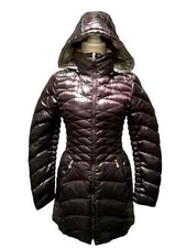 Laundry by Shelli Segal Womens Eggplant Shine Hooded Packable Down Puffer Coat S