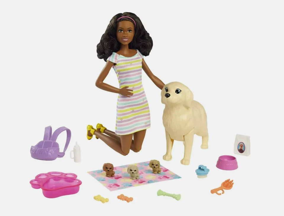 Boneca Barbie filhotes recém-nascidos conjunto de brinquedo com boneca morena, cachorro mamãe grávida + 3 filhotes - Imagem 3 de 4