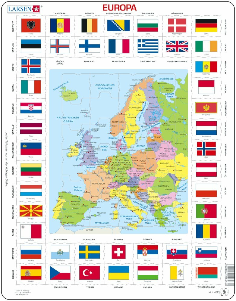 Larsen Puzzle Europa, mit Länderflaggen am Rand 70 tlg.