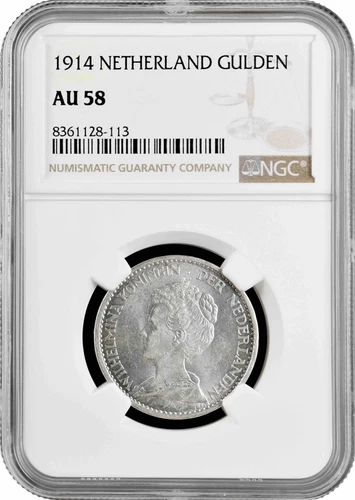 Netherlands 1 gulden 1914, NGC AU58, "Queen Wilhelmina (1890 - 1948)"