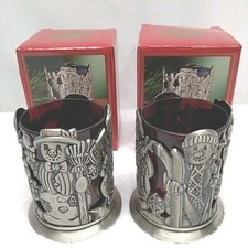 Vtg Brushed Metal Votive Candle Tealight Holder Snowman Set Christmas Red