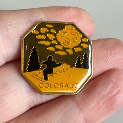 Vintage Colorado Skiing Sunset Pin   Mountain Scene in Gold & Black Ski
