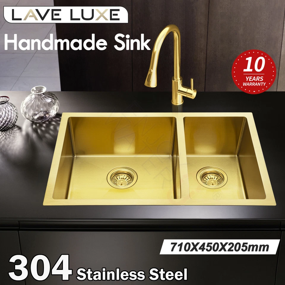 Handmade Nano Gold 304 Stainless Steel Double Bowls Kitchen Sink Basin 710x450mm