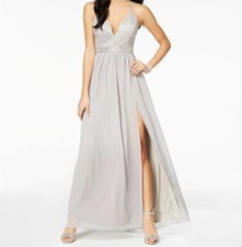 $279 Emerald Sundae Womens Juniors Gray Embellished Lace Bodice Gown Size Large