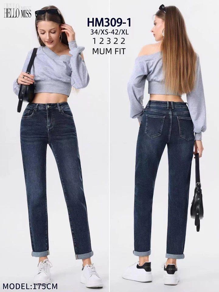 HELLO MISS Damen Stretch Mom-Jeans High Waist Denim Dunkelblau HM309-1