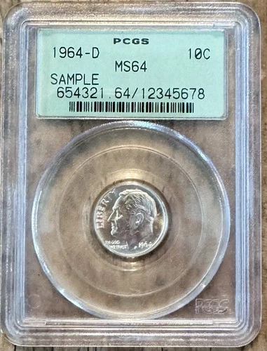 1964-D Roosevelt Silver Dime, PCGS MS64 OGH Sample Slab Old Green Holder
