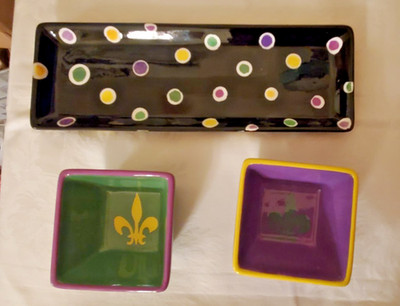Hand Painted Mardi Gras Fleur de Lis Ceramic Chip Dip Cheese Plate Purple Green