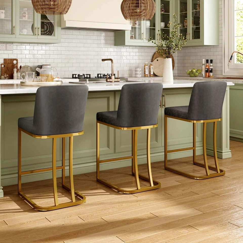 Set of 2/3/4 Leather Bar Stools w/ Back Support 24" Counter Height Kitchen Stool - Image 3 of 4
