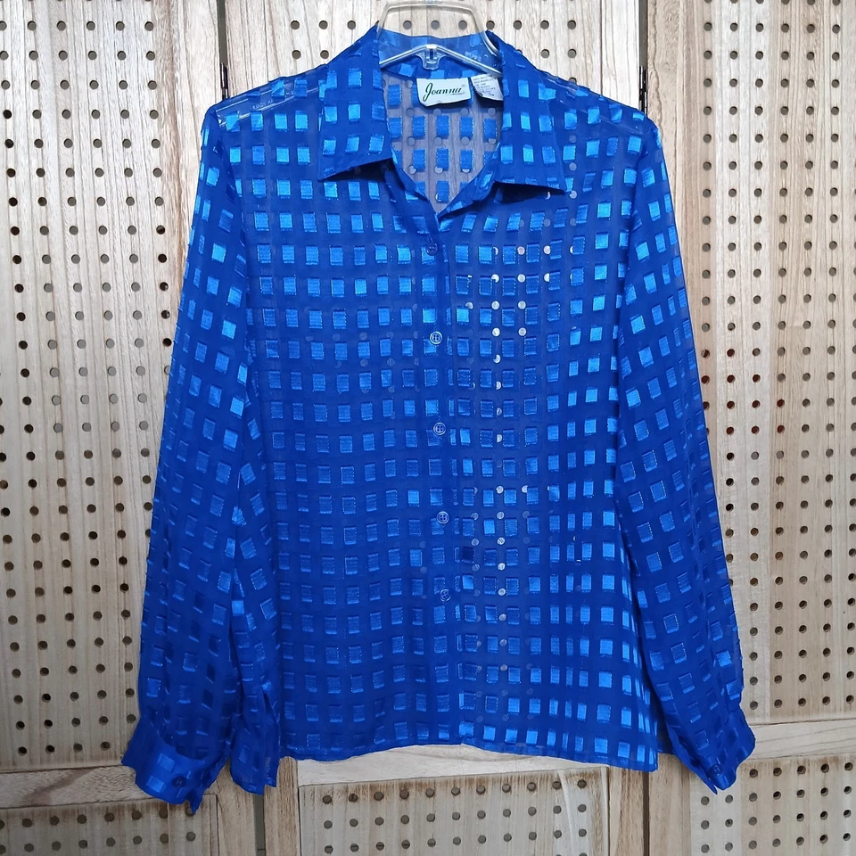 Blusa Joanna Mujer Talla L Vintage Años 80 Azul Brillante Abotonada Semi Transparente Foto 2 de 4