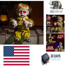 Halloween Animatronic Creepy Boy Doll, Light Up Eyes Sound Activated Scary Prop